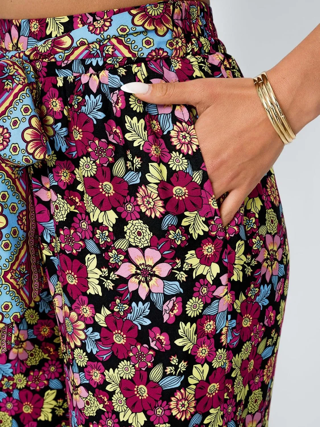 LILLUSORY Womens Boho Wide Leg Pants High Waist Adjustable Casual Palazzo Trousers Floral Beach Vacation Clothes 2025