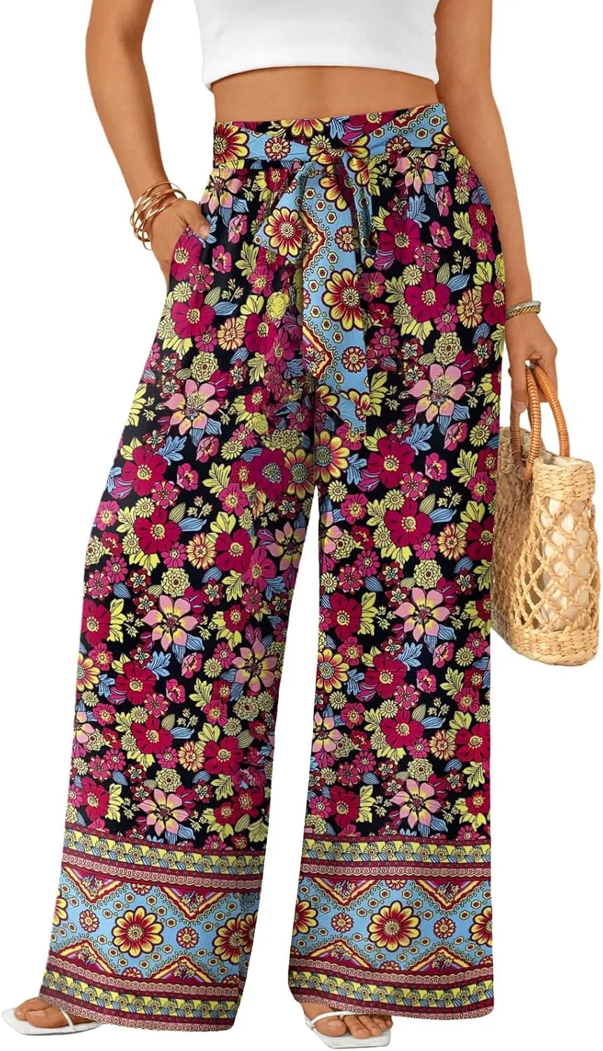 LILLUSORY Womens Boho Wide Leg Pants High Waist Adjustable Casual Palazzo Trousers Floral Beach Vacation Clothes 2025