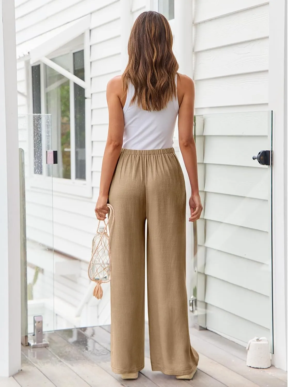 LILLUSORY Women's Linen Summer Palazzo Pants Flowy Wide Leg Beach Pants with Pockets