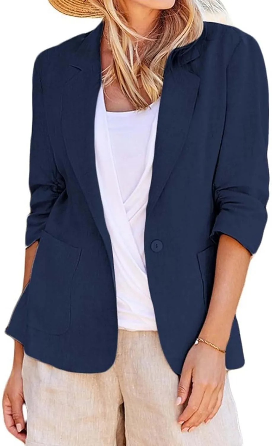 Linen Blazer for Women 3/4 Sleeve Cargdigan 2024 Fall Fashion Outfits Business Coats Work Office Suit Jackets with Pockets