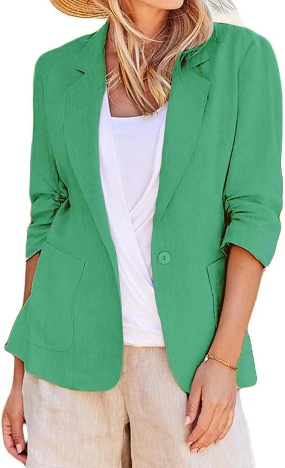 Linen Blazer for Women 3/4 Sleeve Cargdigan 2024 Fall Fashion Outfits Business Coats Work Office Suit Jackets with Pockets