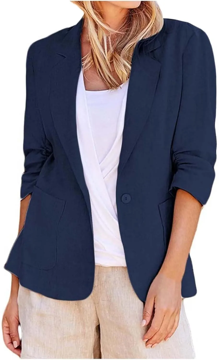 Linen Blazer for Women 3/4 Sleeve Cargdigan 2024 Fall Fashion Outfits Business Coats Work Office Suit Jackets with Pockets