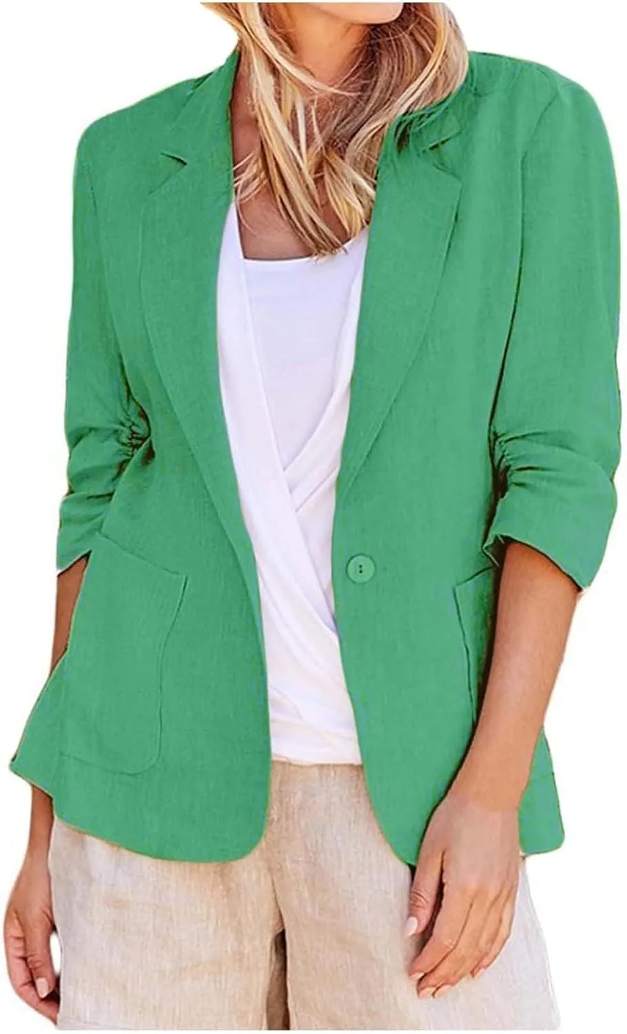 Linen Blazer for Women 3/4 Sleeve Cargdigan 2024 Fall Fashion Outfits Business Coats Work Office Suit Jackets with Pockets