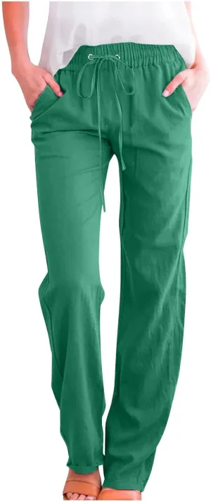 Linen Casual Pants for Women Summer Loose Fit High Waist Pants 2025 Solid Color Drawstring Elastic Trousers