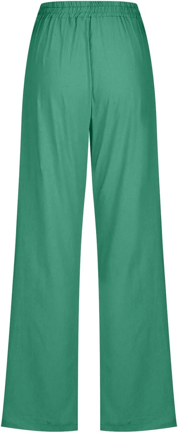 Linen Casual Pants for Women Summer Loose Fit High Waist Pants 2025 Solid Color Drawstring Elastic Trousers
