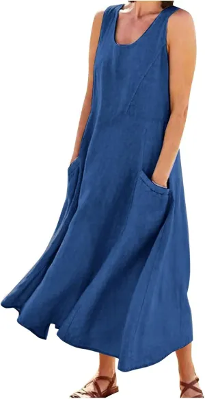 Linen Dress Women Plus Size Summer Dresses 2025 Casual Solid Colour Sleeveless Cotton Linen Dress with Pocket