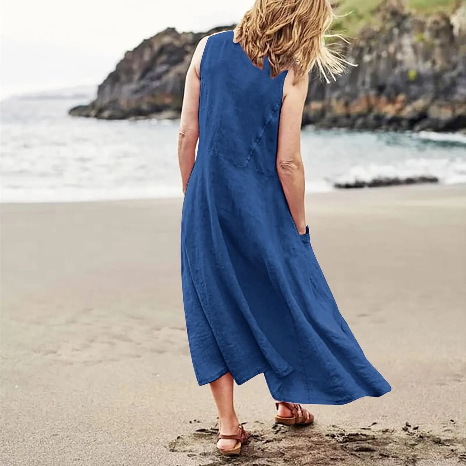 Linen Dress Women Plus Size Summer Dresses 2025 Casual Solid Colour Sleeveless Cotton Linen Dress with Pocket