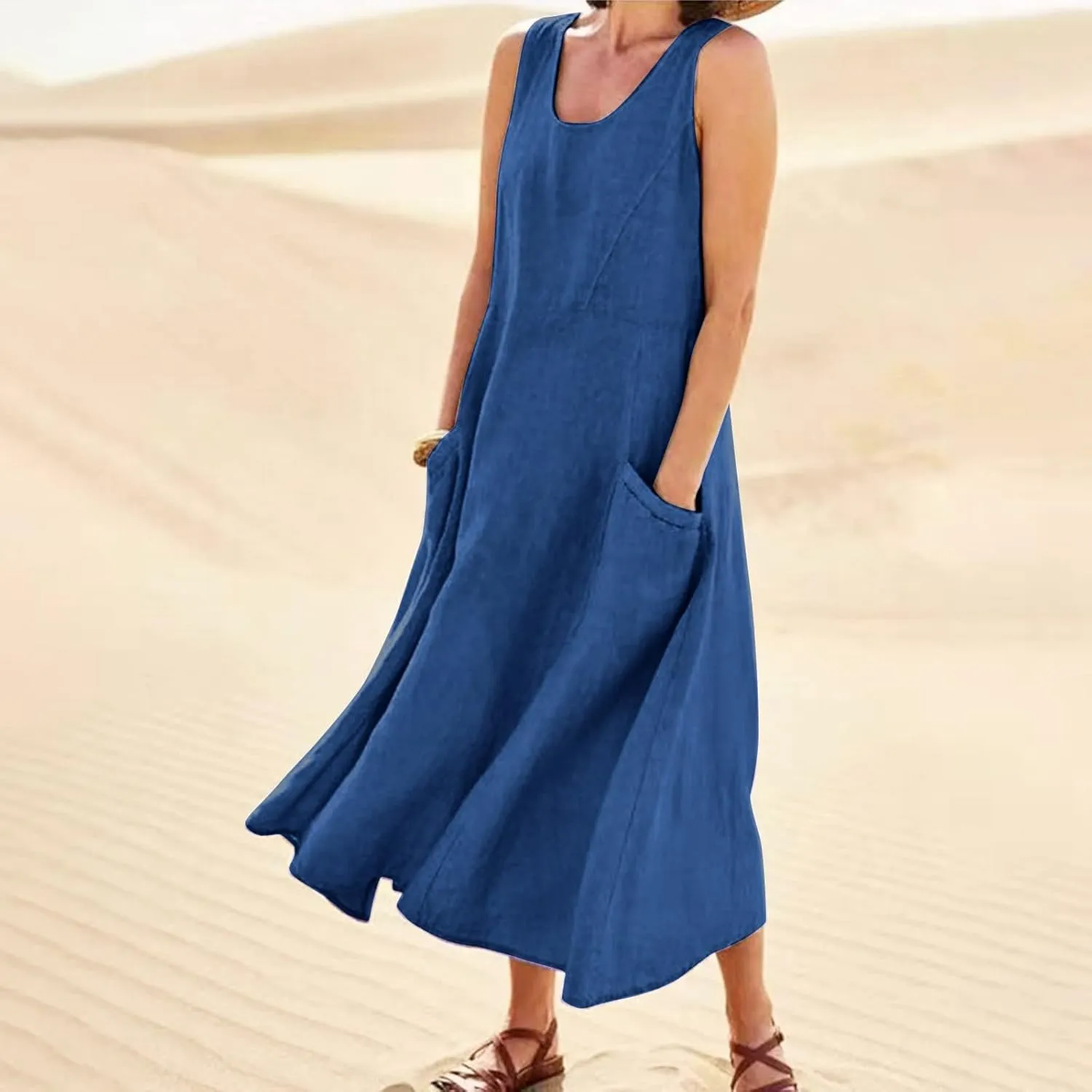 Linen Dress Women Plus Size Summer Dresses 2025 Casual Solid Colour Sleeveless Cotton Linen Dress with Pocket