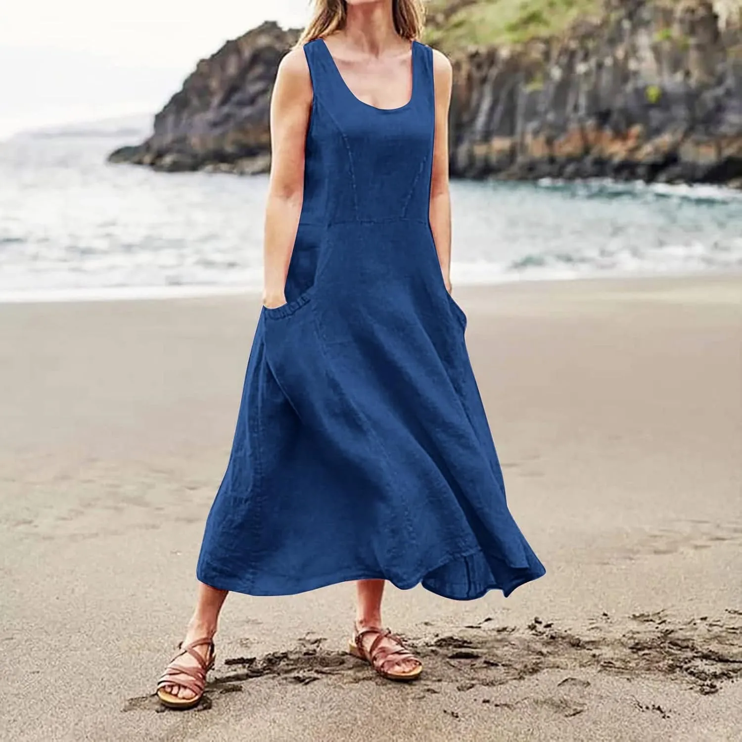Linen Dress Women Plus Size Summer Dresses 2025 Casual Solid Colour Sleeveless Cotton Linen Dress with Pocket
