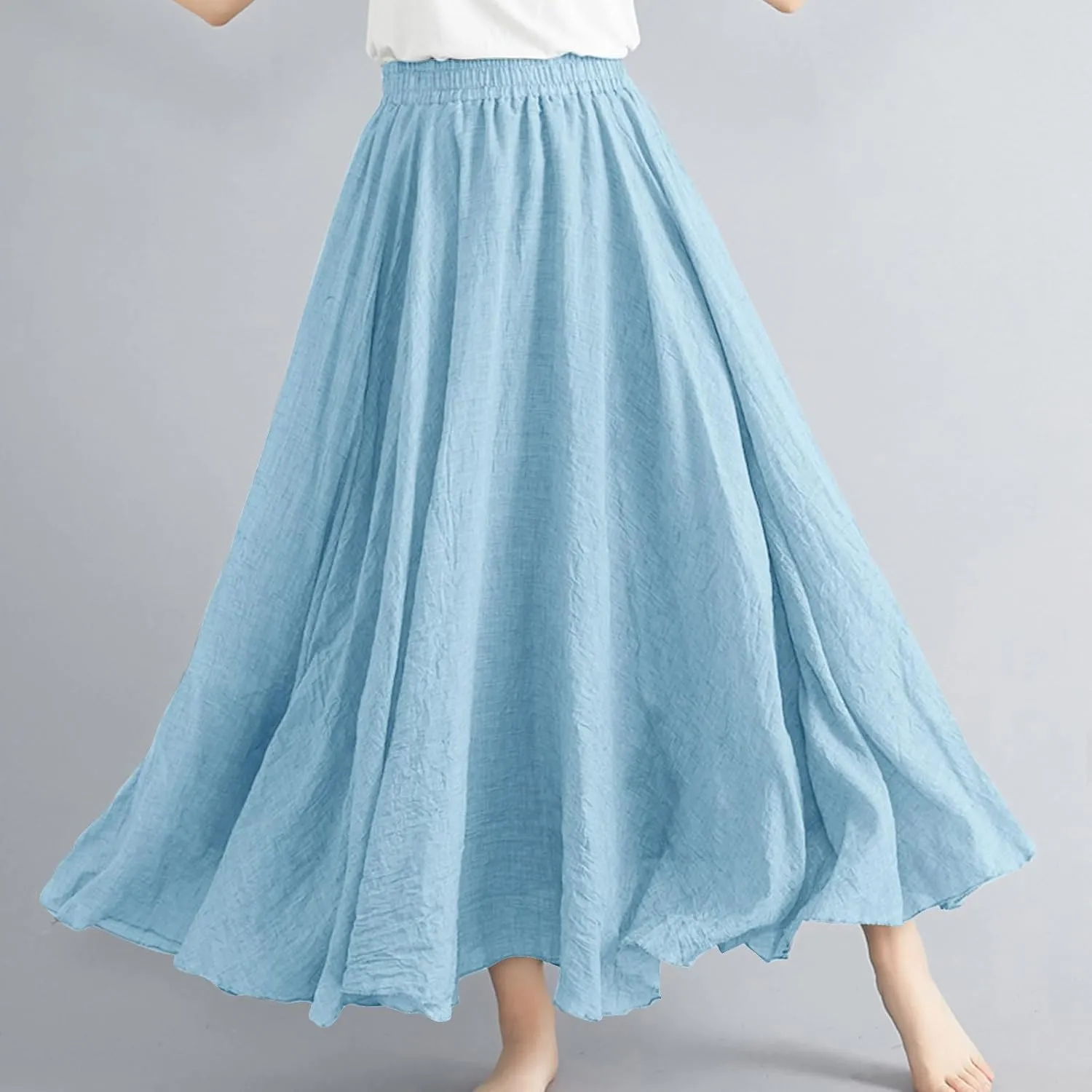 Linen Maxi Skirts for Women Flowy Swing A-Line Skirt Ankle Length Elastic High Waist Summer Beach Vacation Clothes