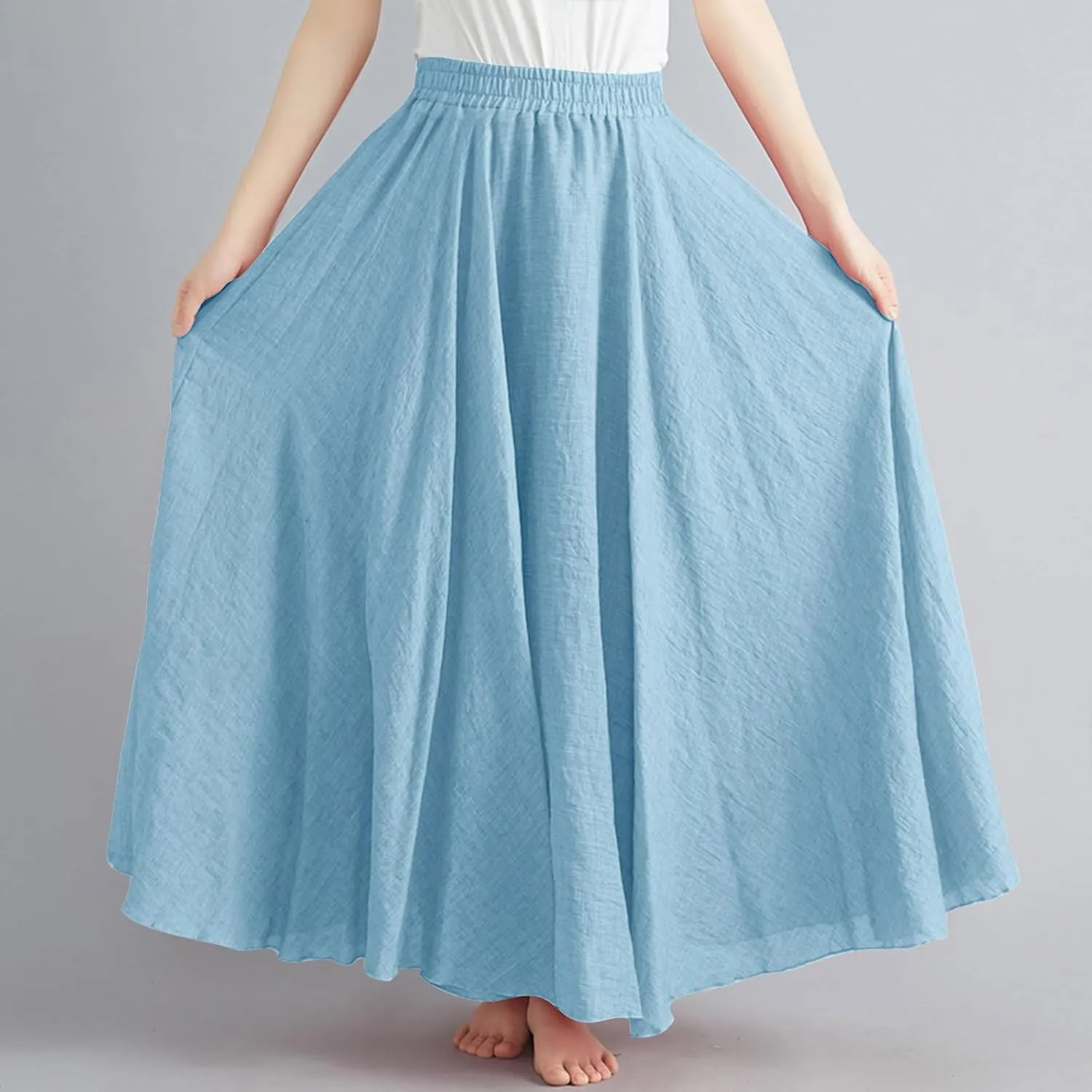 Linen Maxi Skirts for Women Flowy Swing A-Line Skirt Ankle Length Elastic High Waist Summer Beach Vacation Clothes