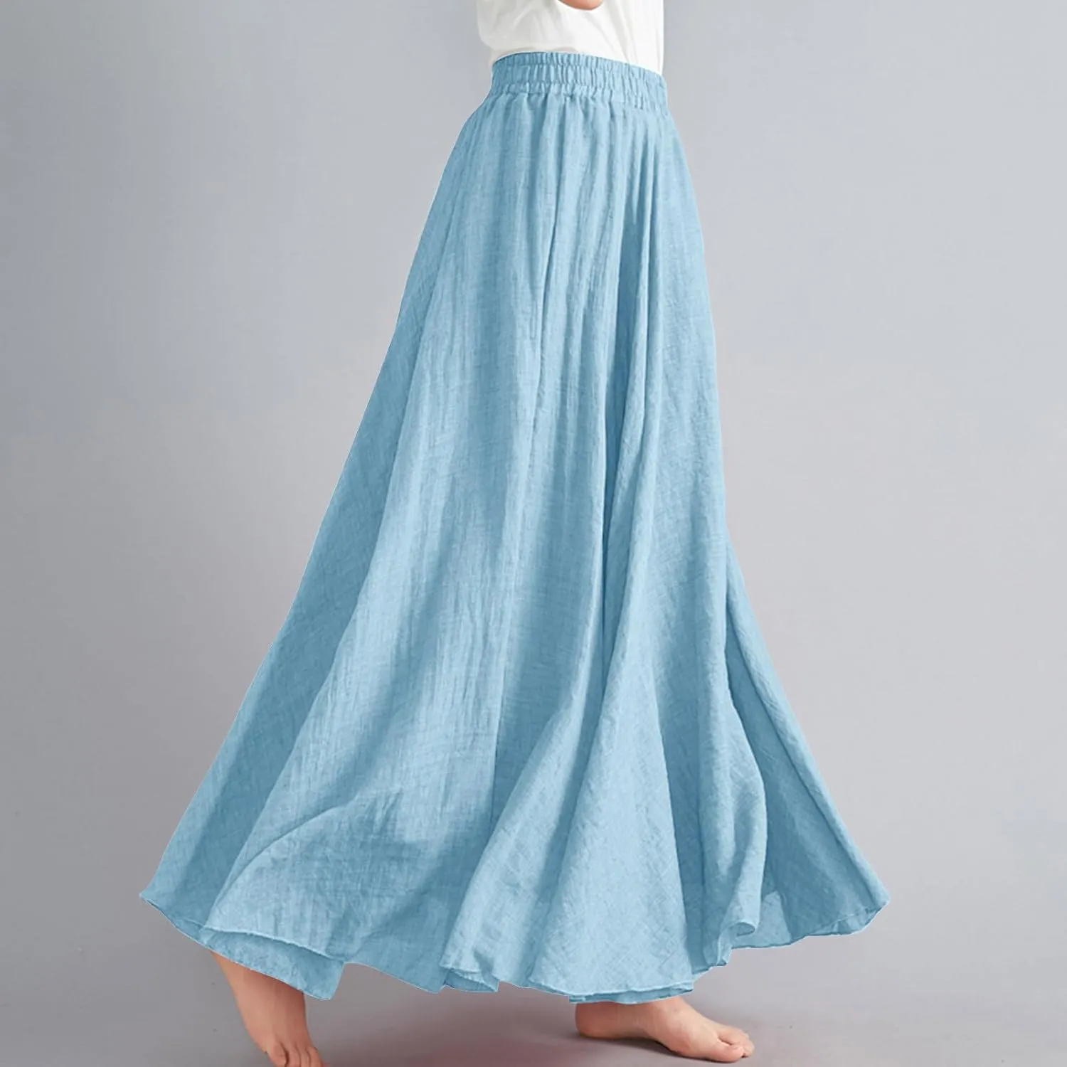 Linen Maxi Skirts for Women Flowy Swing A-Line Skirt Ankle Length Elastic High Waist Summer Beach Vacation Clothes