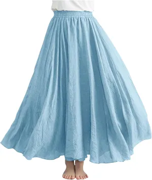 Linen Maxi Skirts for Women Flowy Swing A-Line Skirt Ankle Length Elastic High Waist Summer Beach Vacation Clothes