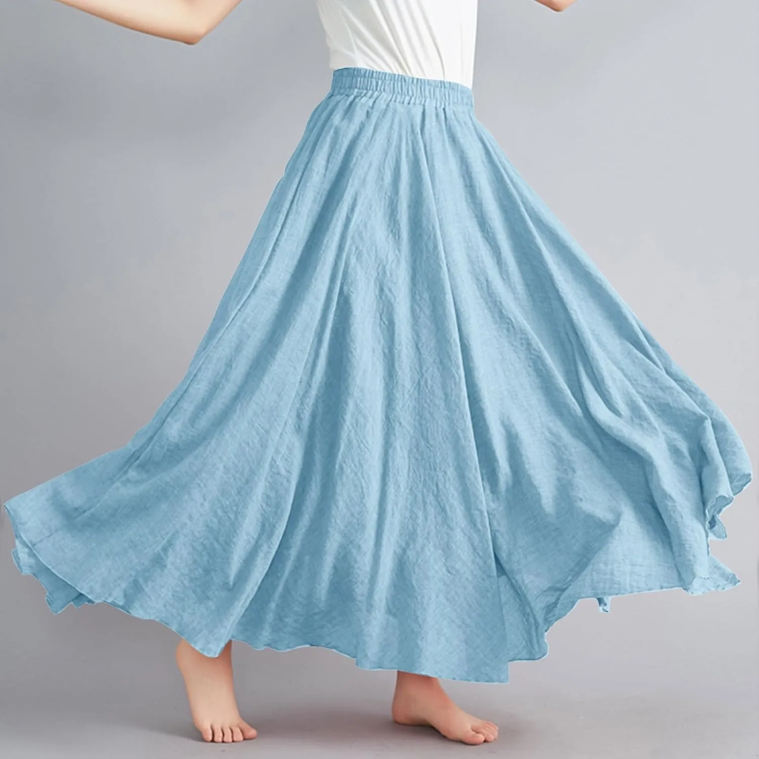 Linen Maxi Skirts for Women Flowy Swing A-Line Skirt Ankle Length Elastic High Waist Summer Beach Vacation Clothes