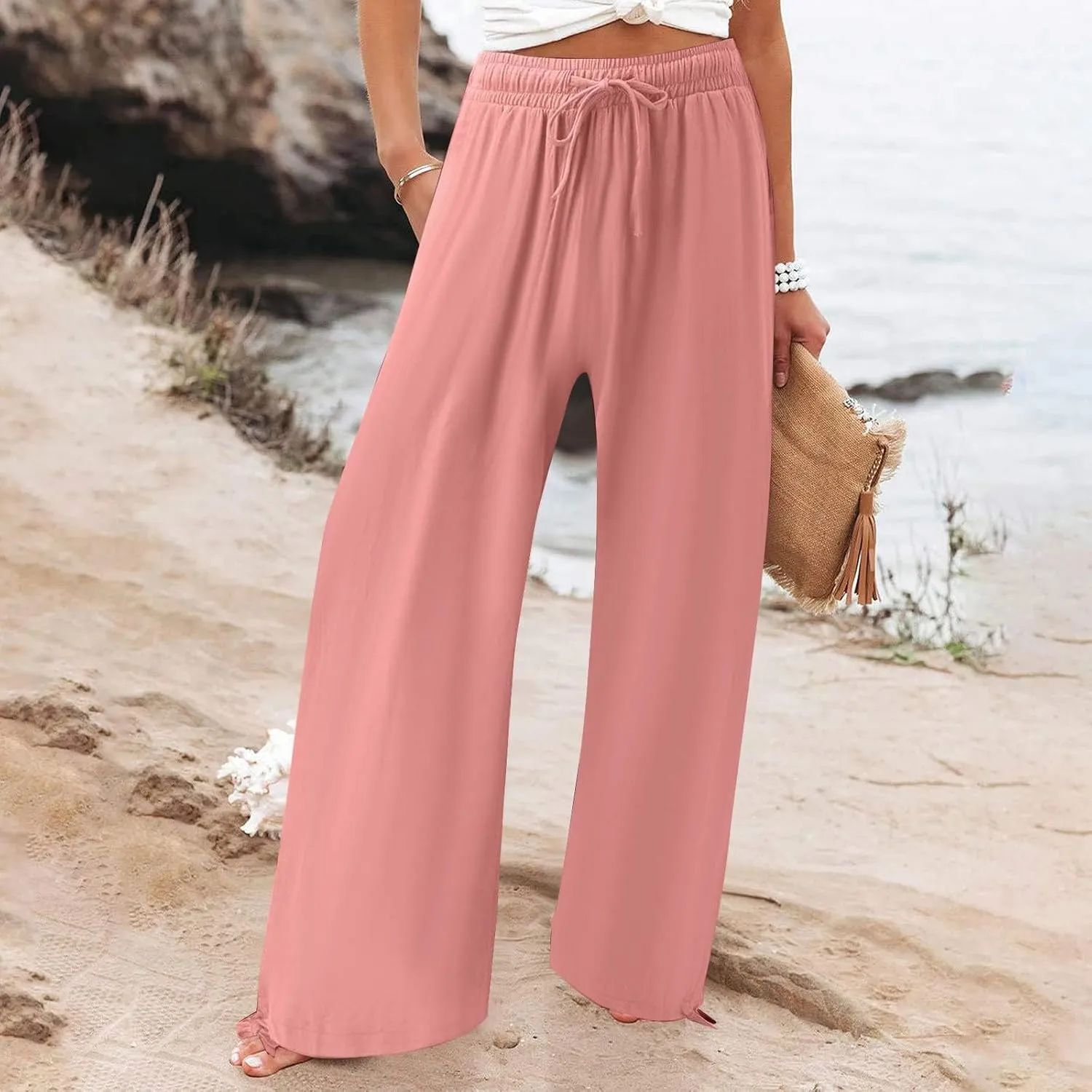 Linen Pants Women Plus Size Boho Comfy Flowy Wide Leg Trouser Summer High Waist Beach Palazzo Sweatpant with Pocket