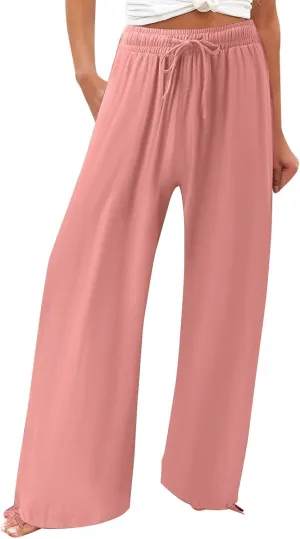 Linen Pants Women Plus Size Boho Comfy Flowy Wide Leg Trouser Summer High Waist Beach Palazzo Sweatpant with Pocket