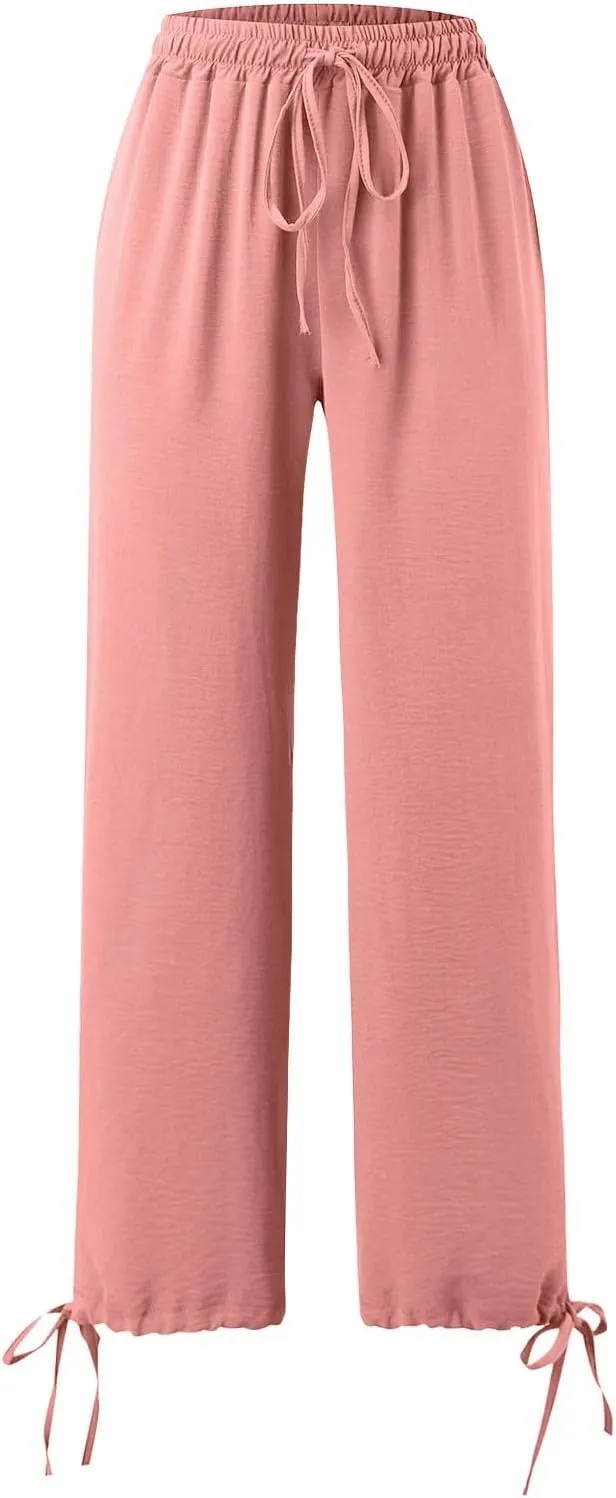 Linen Pants Women Plus Size Boho Comfy Flowy Wide Leg Trouser Summer High Waist Beach Palazzo Sweatpant with Pocket