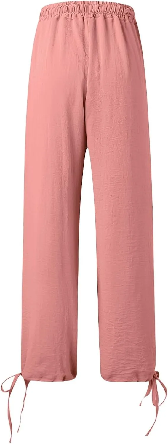 Linen Pants Women Plus Size Boho Comfy Flowy Wide Leg Trouser Summer High Waist Beach Palazzo Sweatpant with Pocket
