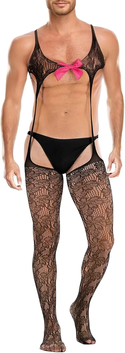 Lingerie For Men Sexy Outfits Sheer Lace Bodysuit Hip Lift Corset Mesh Strap Seductive Patterned Rompers Lace