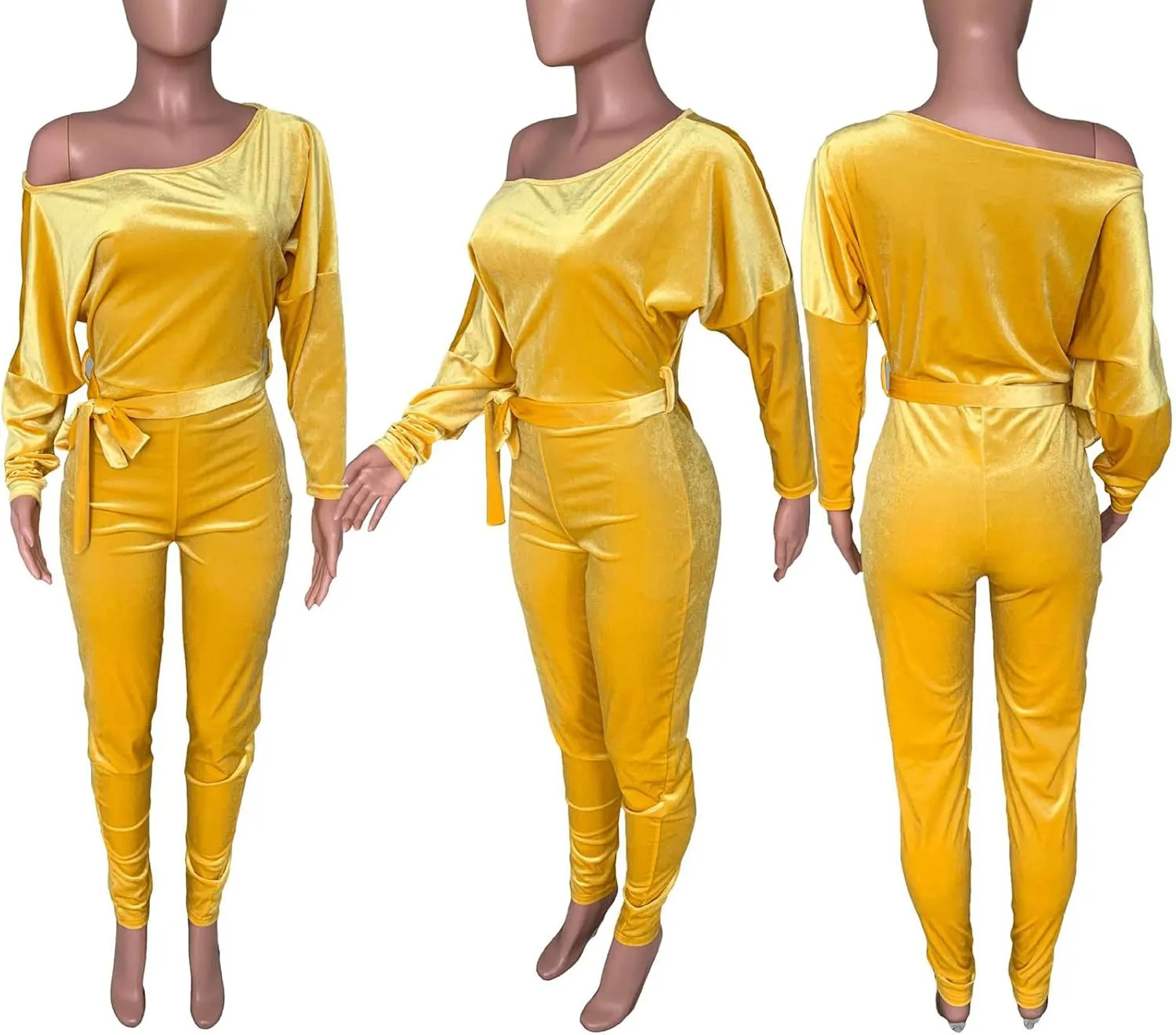 LKOUS Women Velvet Off Shoulder Jumpsuit Long Sleeve Bodycon Pants Suit One Piece Romper Party Clubwear with Belt