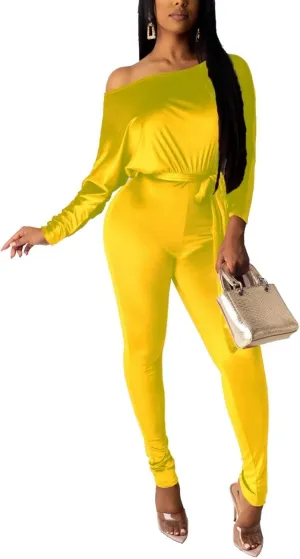 LKOUS Women Velvet Off Shoulder Jumpsuit Long Sleeve Bodycon Pants Suit One Piece Romper Party Clubwear with Belt