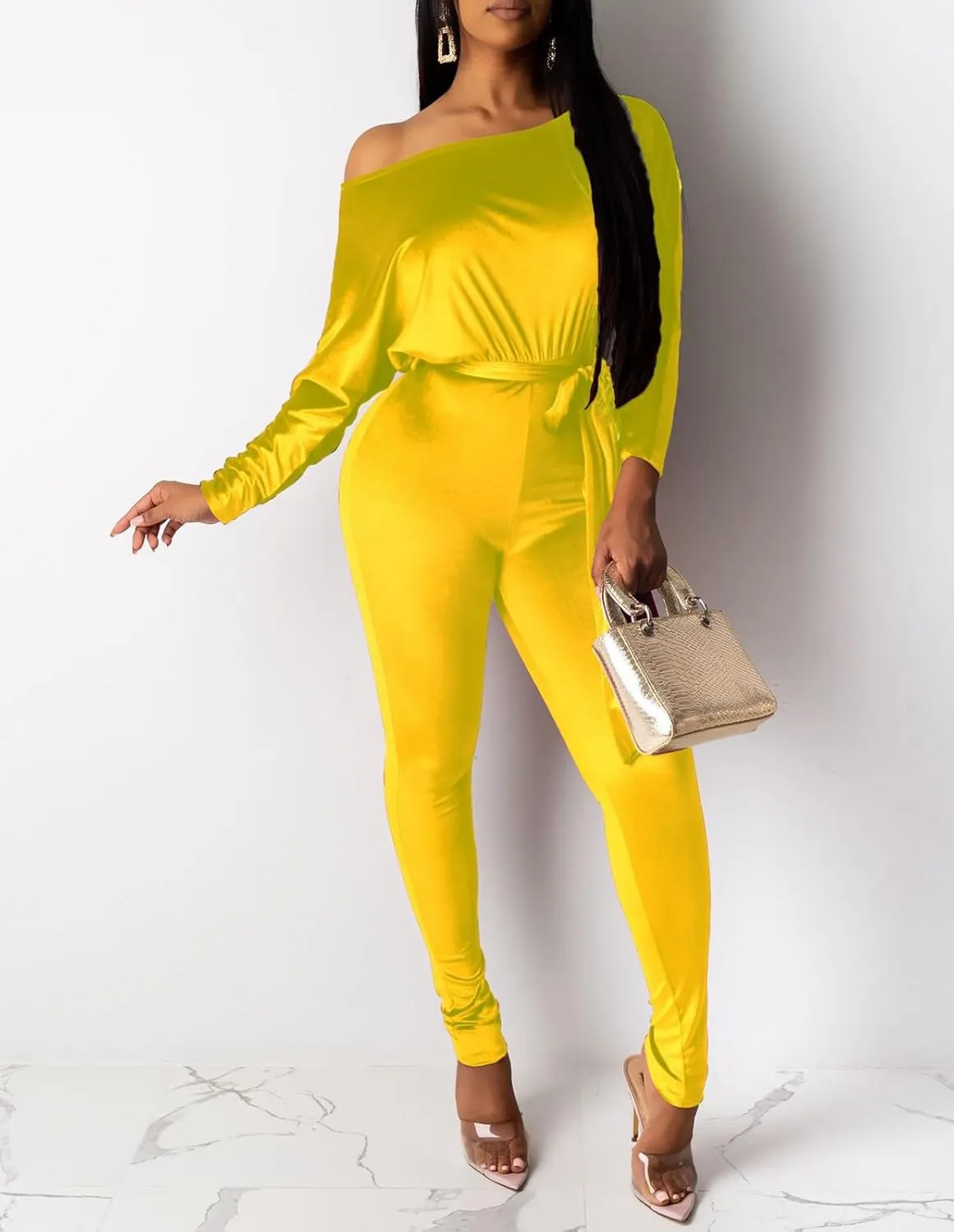 LKOUS Women Velvet Off Shoulder Jumpsuit Long Sleeve Bodycon Pants Suit One Piece Romper Party Clubwear with Belt