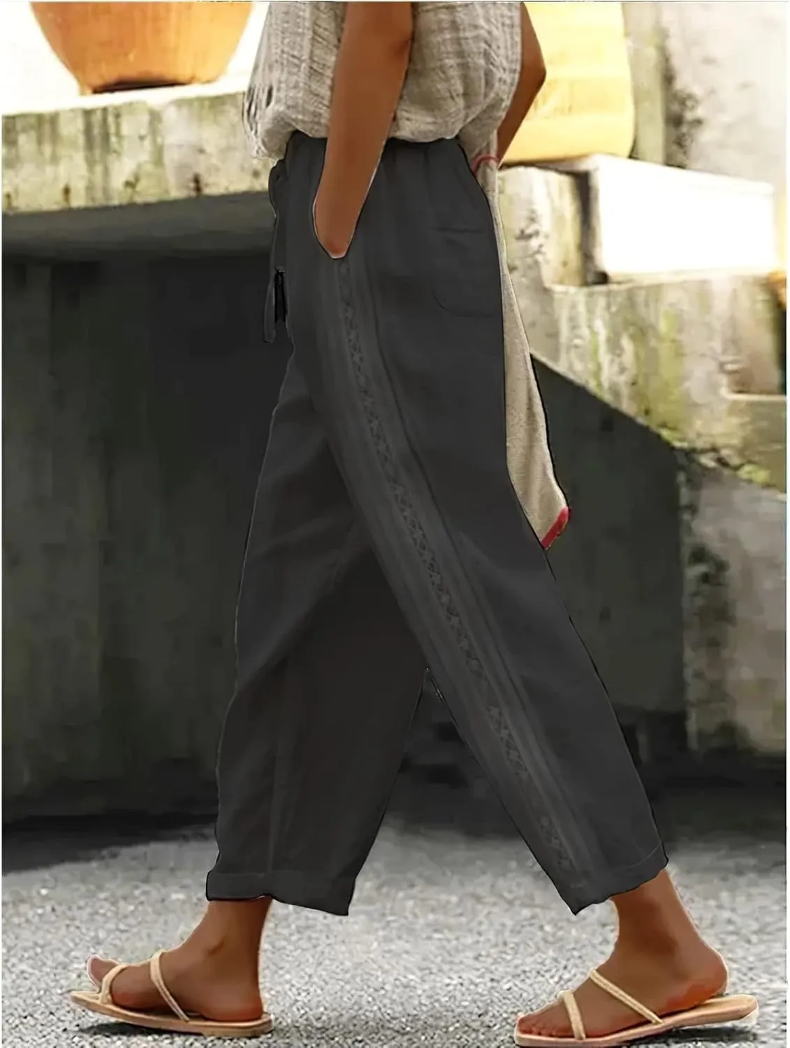 LOAIHA Women's Cotton Linen Pants Summer Casual Elastic High Waist Solid Straight Wide Leg Loose Fit Pants with Pockets