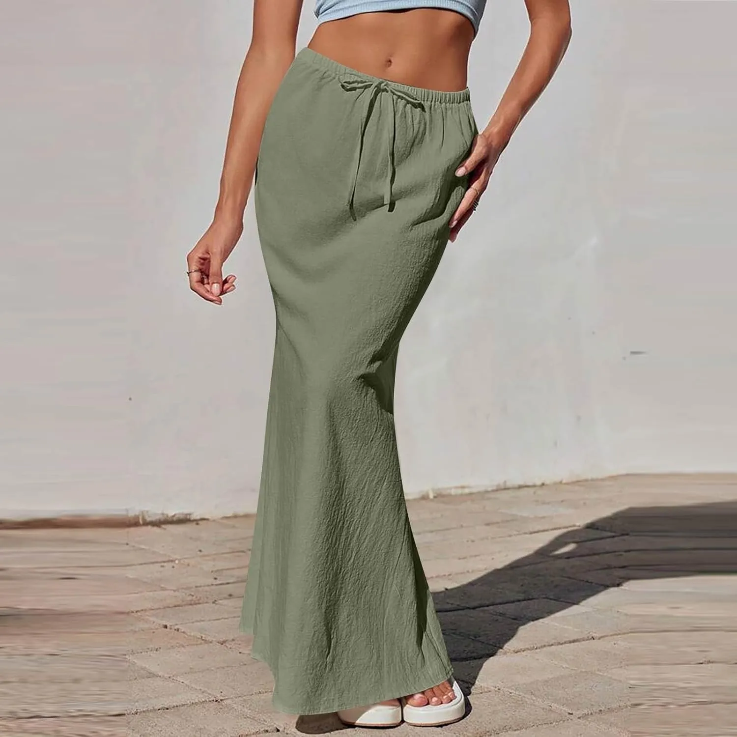 Long Trendy Skirts for Women Cotton Linen Beach Vacation Drawstring Low Waist Flowy Bohemian Short Dress Casual Holiday