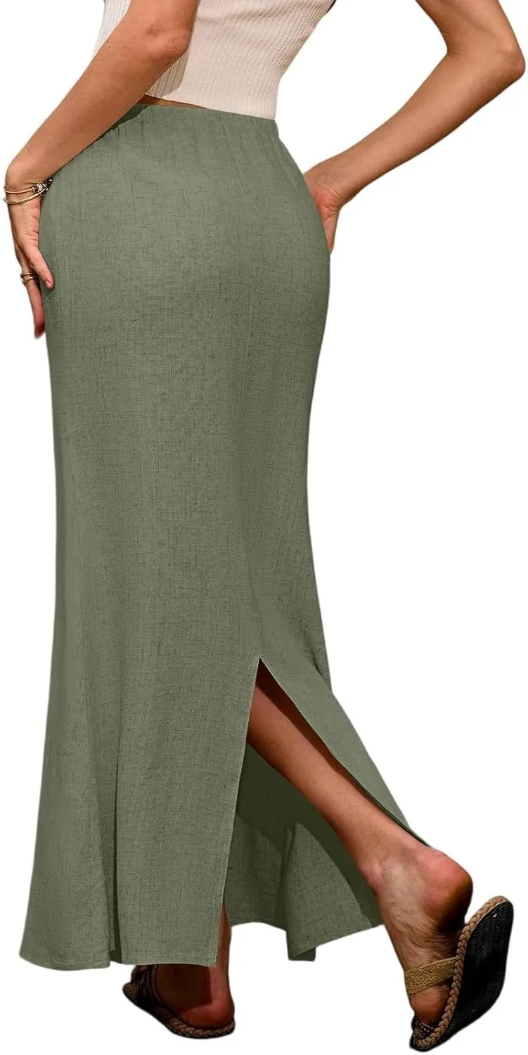 Long Trendy Skirts for Women Cotton Linen Beach Vacation Drawstring Low Waist Flowy Bohemian Short Dress Casual Holiday