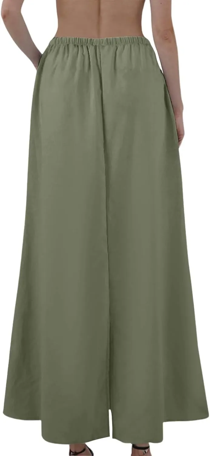 Long Trendy Skirts for Women Cotton Linen Beach Vacation Drawstring Low Waist Flowy Bohemian Short Dress Casual Holiday