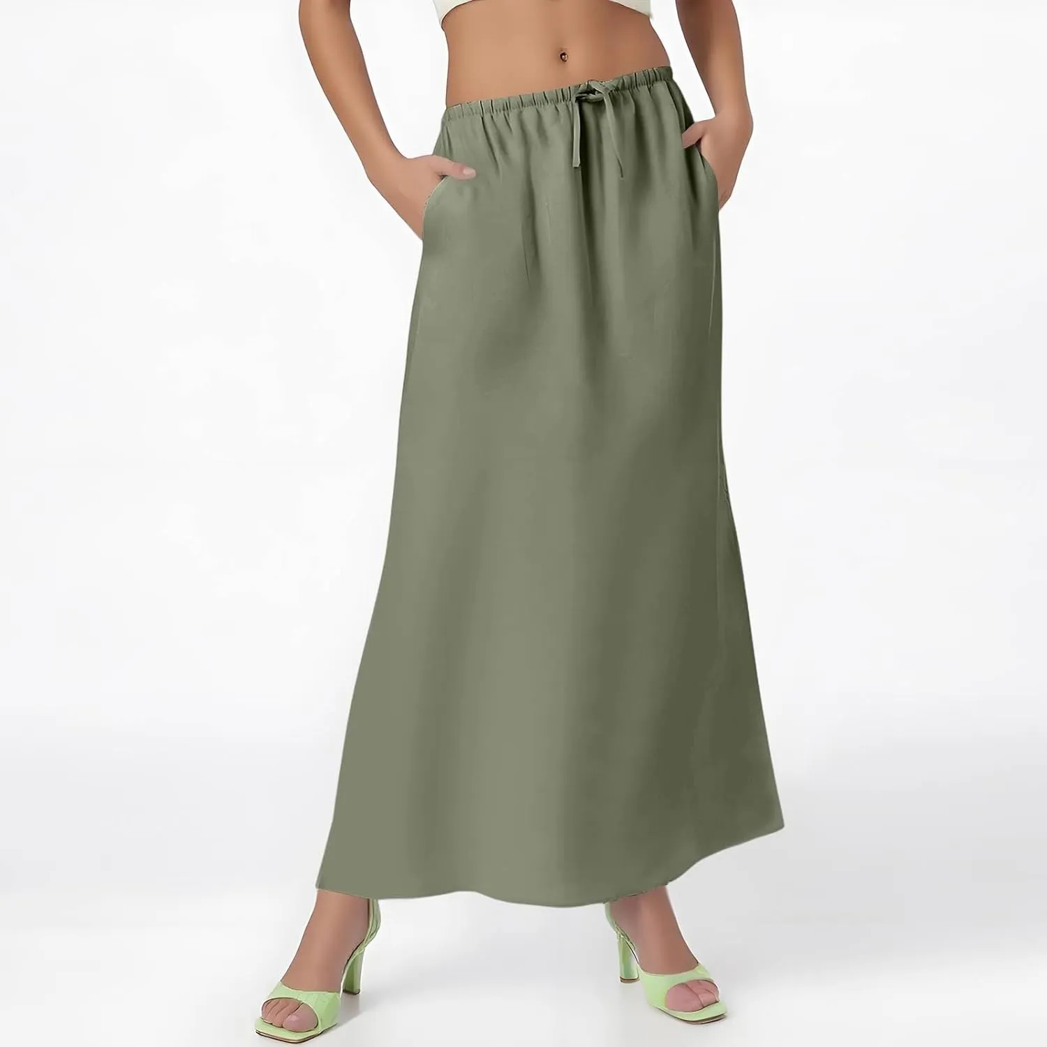 Long Trendy Skirts for Women Cotton Linen Beach Vacation Drawstring Low Waist Flowy Bohemian Short Dress Casual Holiday