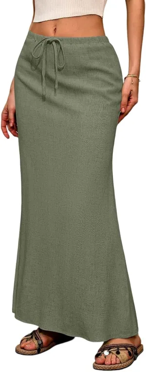 Long Trendy Skirts for Women Cotton Linen Beach Vacation Drawstring Low Waist Flowy Bohemian Short Dress Casual Holiday