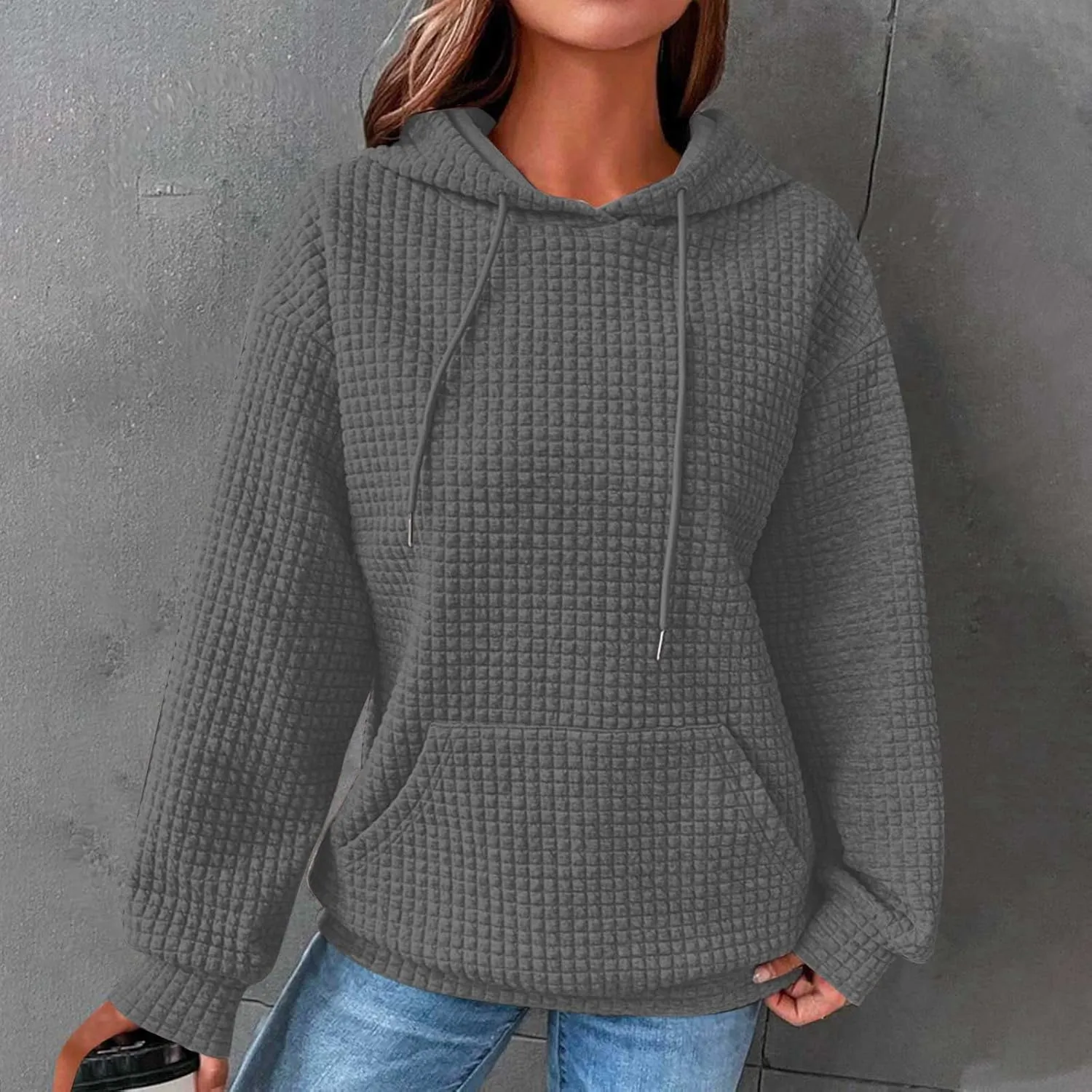 LRMQS Hoodies for Women Trendy Fall Fashion 2024 Waffle Knit Drawstring Pullover Sweatshirts Loose Fit Casual Cute Clothes