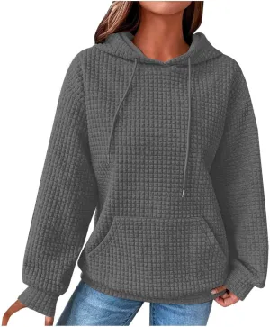 LRMQS Hoodies for Women Trendy Fall Fashion 2024 Waffle Knit Drawstring Pullover Sweatshirts Loose Fit Casual Cute Clothes