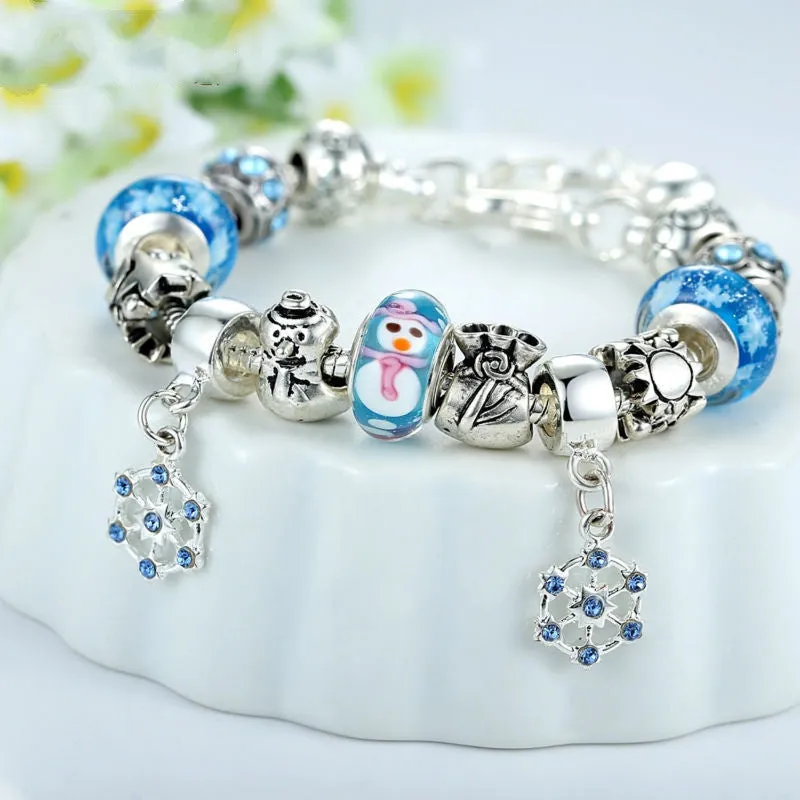Luxury Silver Charm Bracelet & Bangle for Women With High Quality Snowman Murano Glass Beads DIY Christmas Gift
