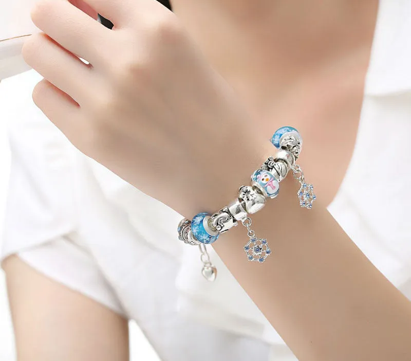 Luxury Silver Charm Bracelet & Bangle for Women With High Quality Snowman Murano Glass Beads DIY Christmas Gift