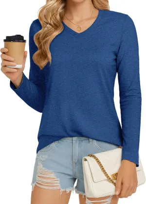 MAGCOMSEN Women's Long Sleeve Shirts V Neck Cotton Basic Tee Soft Breathable Casual Tops Cassic-Fit T-Shirt