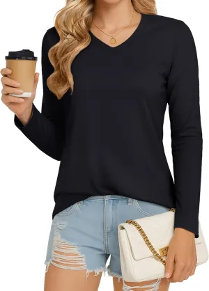 MAGCOMSEN Women's Long Sleeve Shirts V Neck Cotton Basic Tee Soft Breathable Casual Tops Cassic-Fit T-Shirt
