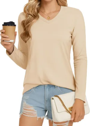 MAGCOMSEN Women's Long Sleeve Shirts V Neck Cotton Basic Tee Soft Breathable Casual Tops Cassic-Fit T-Shirt
