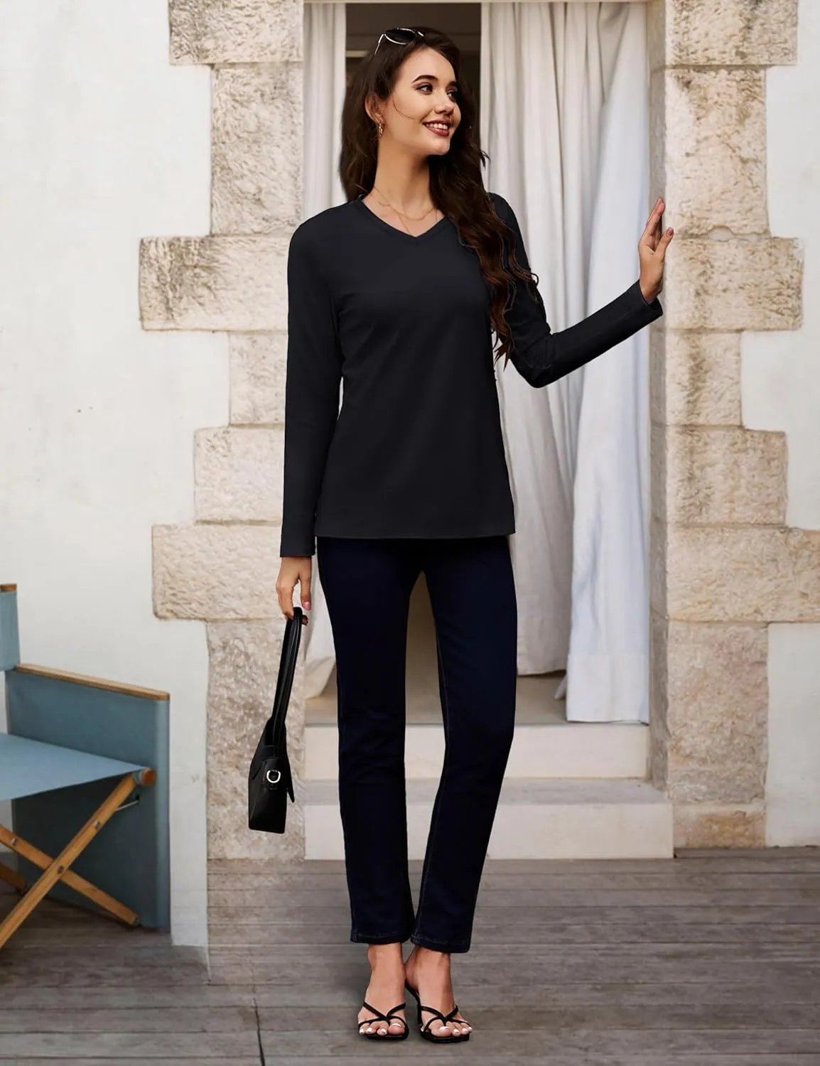 MAGCOMSEN Women's Long Sleeve Shirts V Neck Cotton Basic Tee Soft Breathable Casual Tops Cassic-Fit T-Shirt
