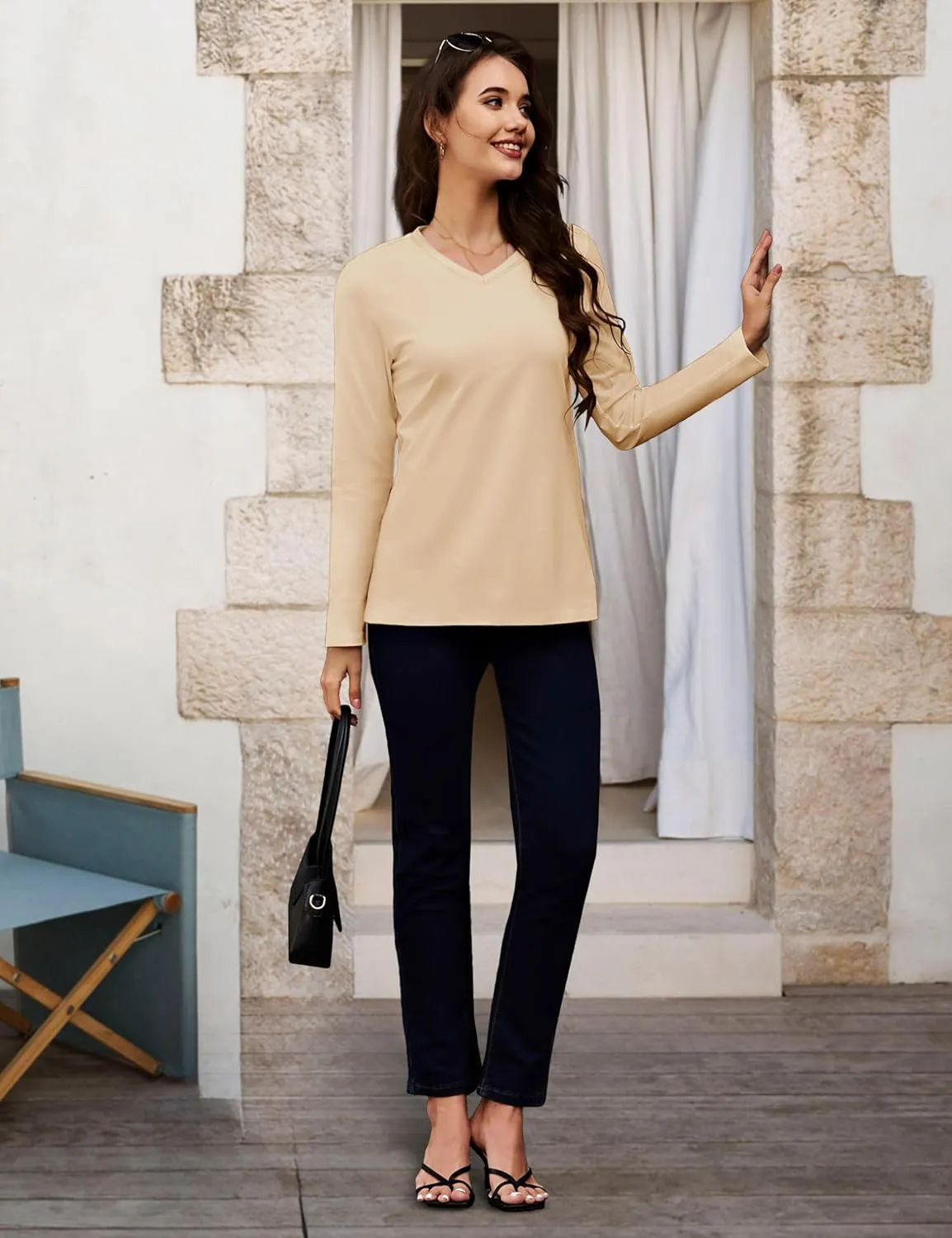 MAGCOMSEN Women's Long Sleeve Shirts V Neck Cotton Basic Tee Soft Breathable Casual Tops Cassic-Fit T-Shirt