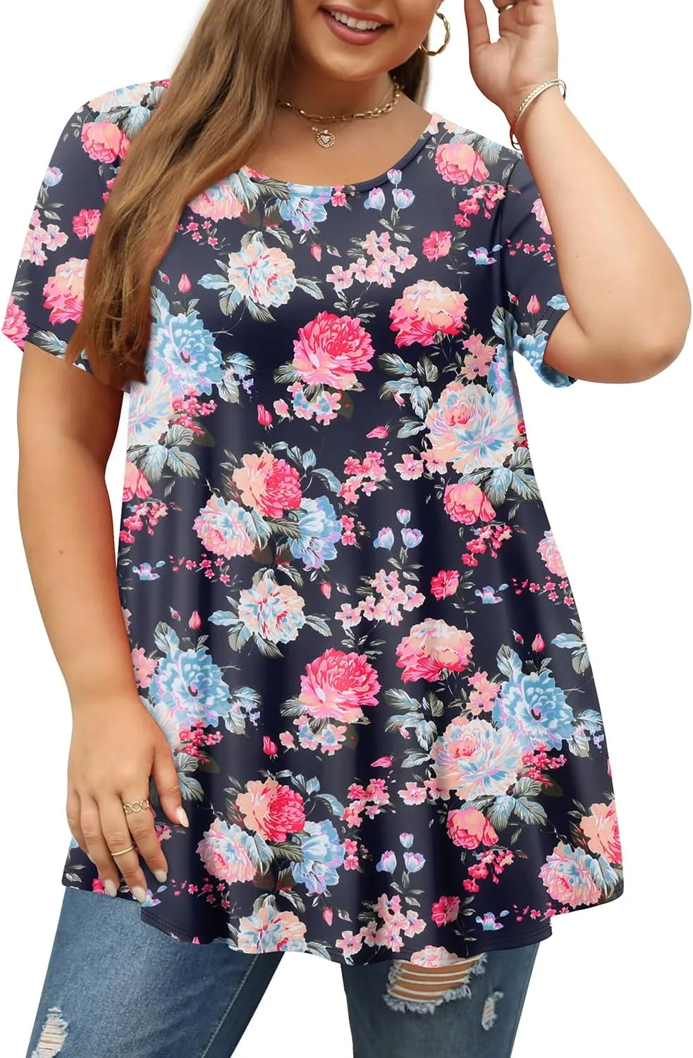 Magritta Plus Size Tops for Women Casual Summer Crew Neck Tunics Short Sleeve Loose Shirts Blouses 1X-5X