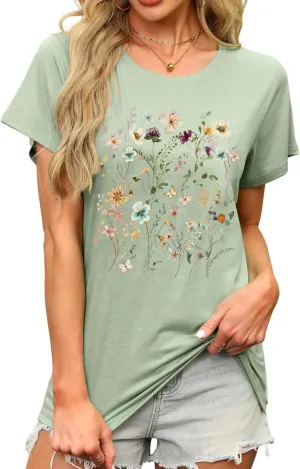 MAPICK Women's Floral Graphic Tees Short Sleeve Casual T-Shirts Boho Style Cute Summer Loose Fit Tops