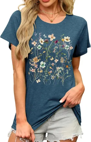 MAPICK Women's Floral Graphic Tees Short Sleeve Casual T-Shirts Boho Style Cute Summer Loose Fit Tops