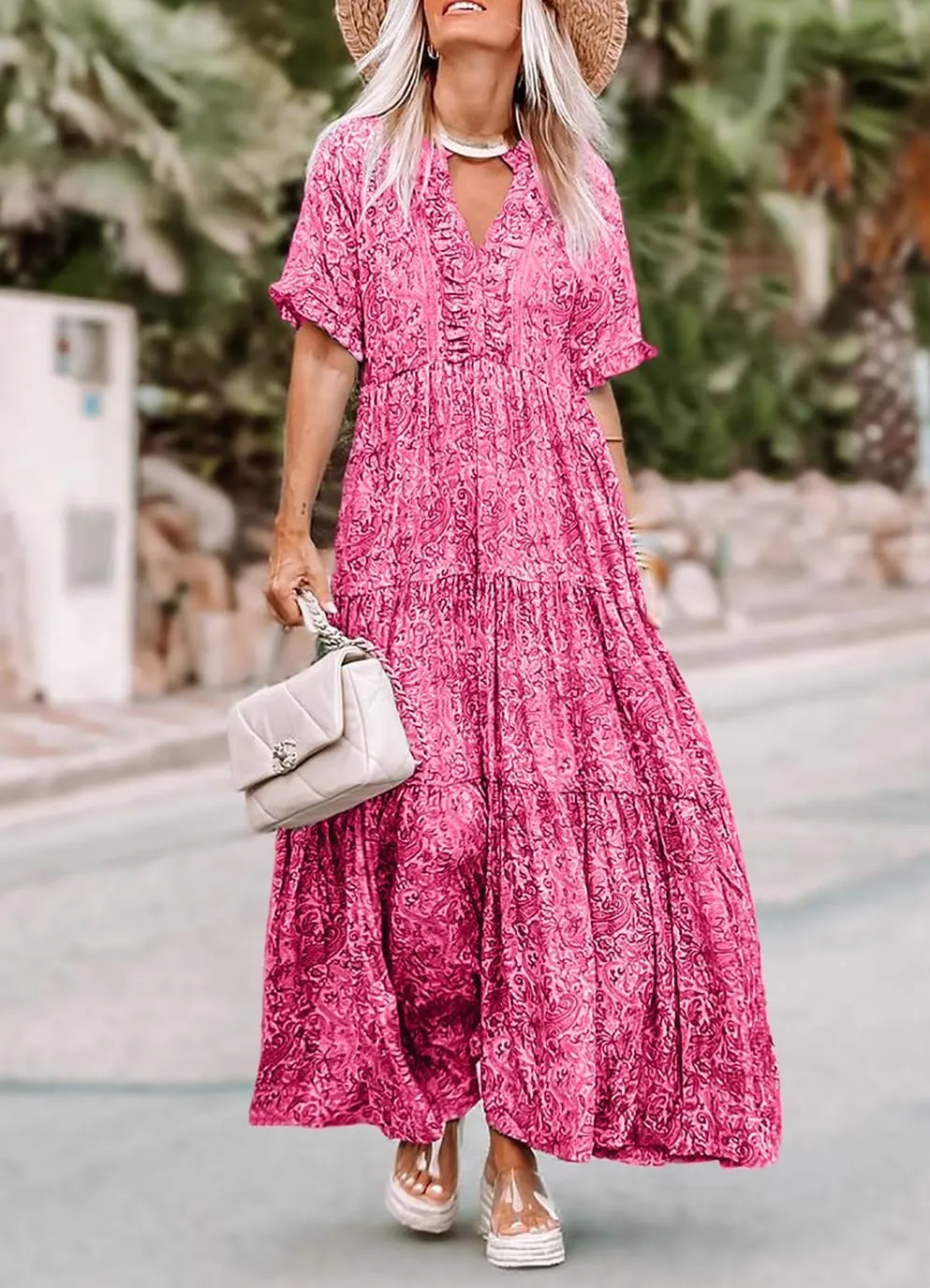 Melliflo Womens Boho Print Ruffle Tiered V-Neck Maxi Dress 2024 New Loose Casual Summer Skirt