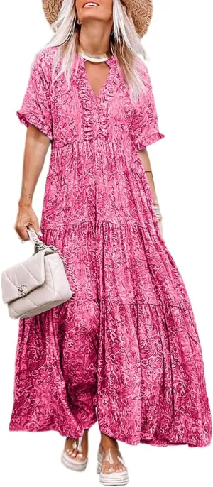Melliflo Womens Boho Print Ruffle Tiered V-Neck Maxi Dress 2024 New Loose Casual Summer Skirt