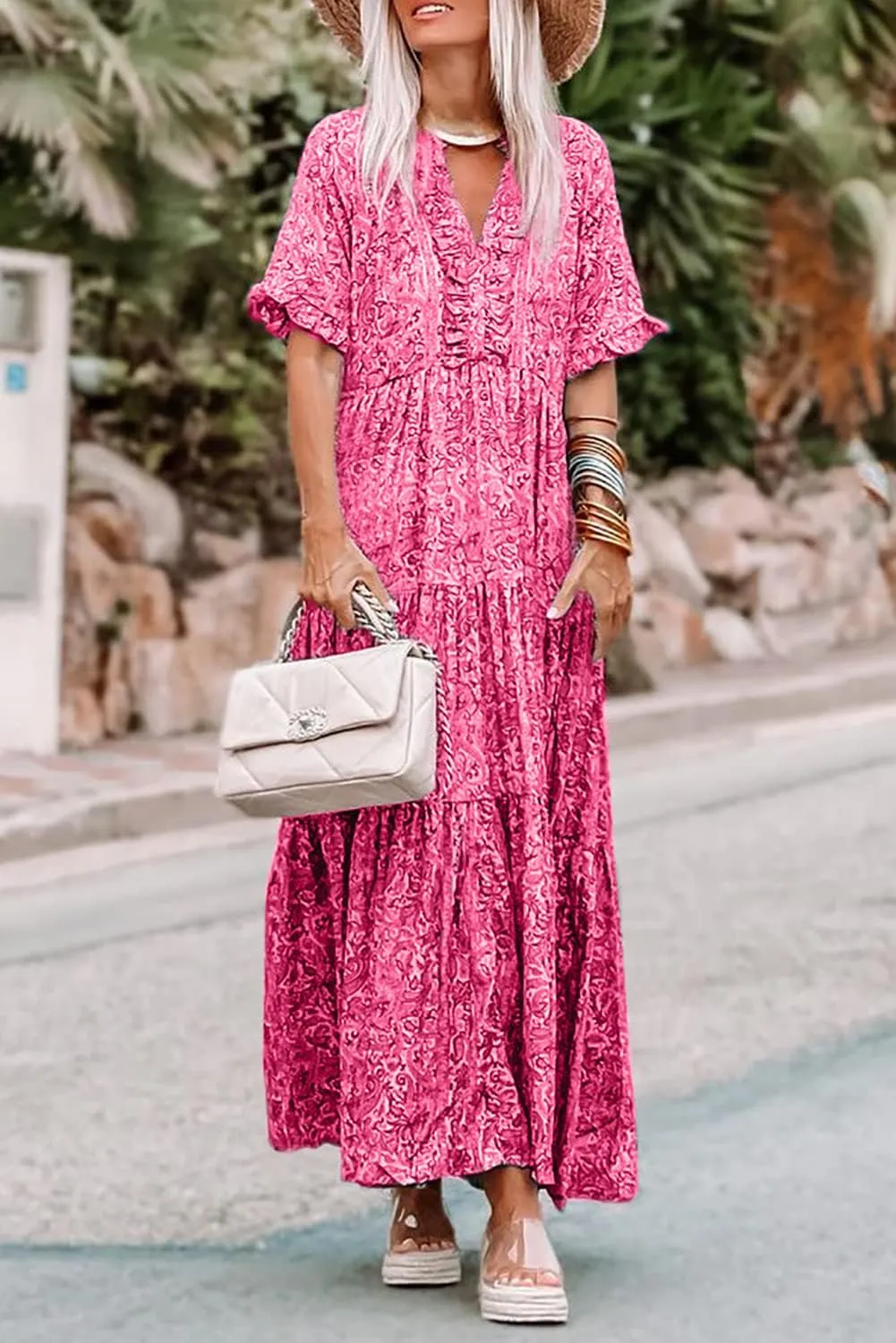 Melliflo Womens Boho Print Ruffle Tiered V-Neck Maxi Dress 2024 New Loose Casual Summer Skirt