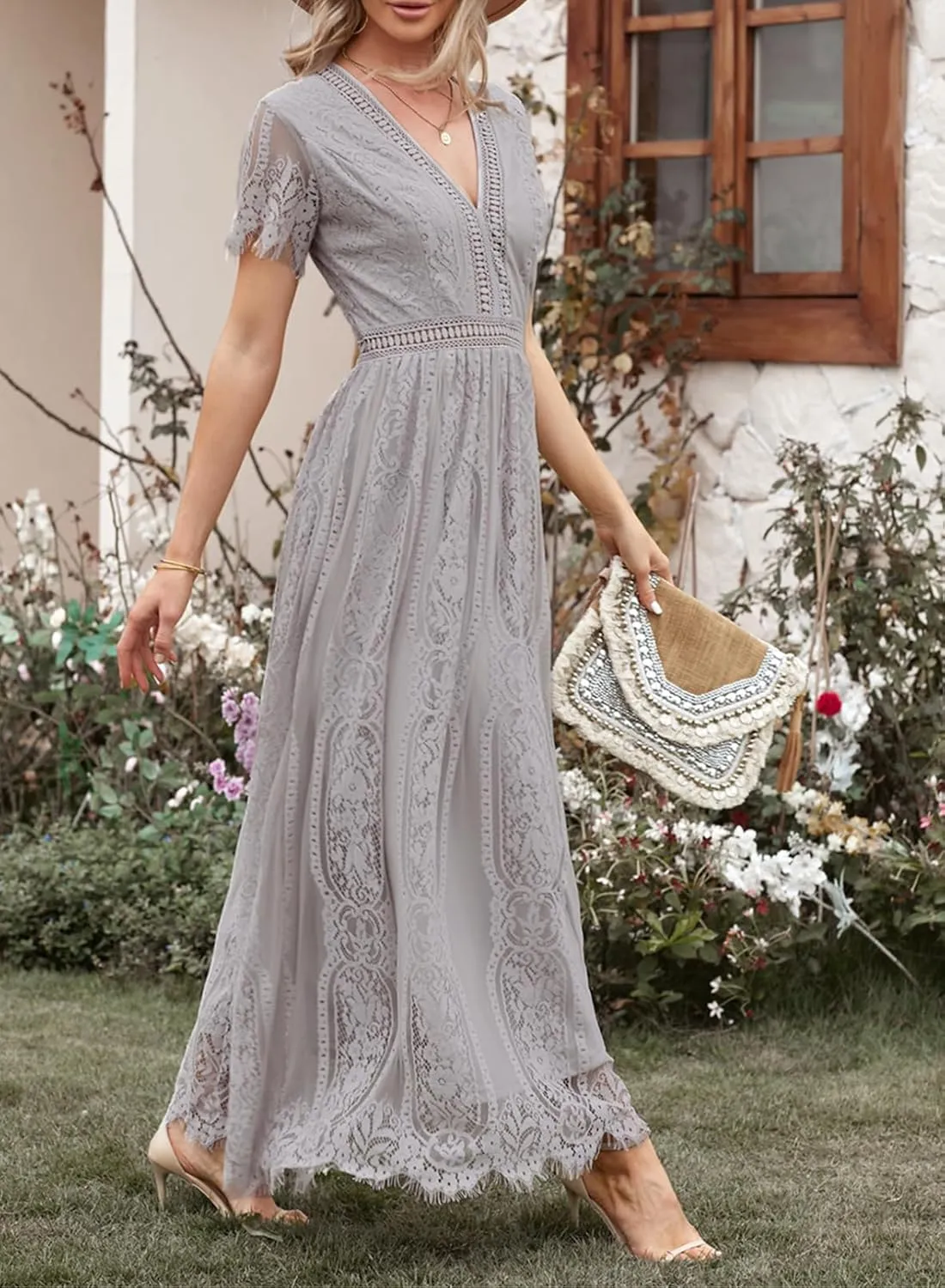 Melliflo Womens Lace Patchwork Hollowed Out Short Sleeved V Neck Long Skirt 2024 New Casual Summer Dress