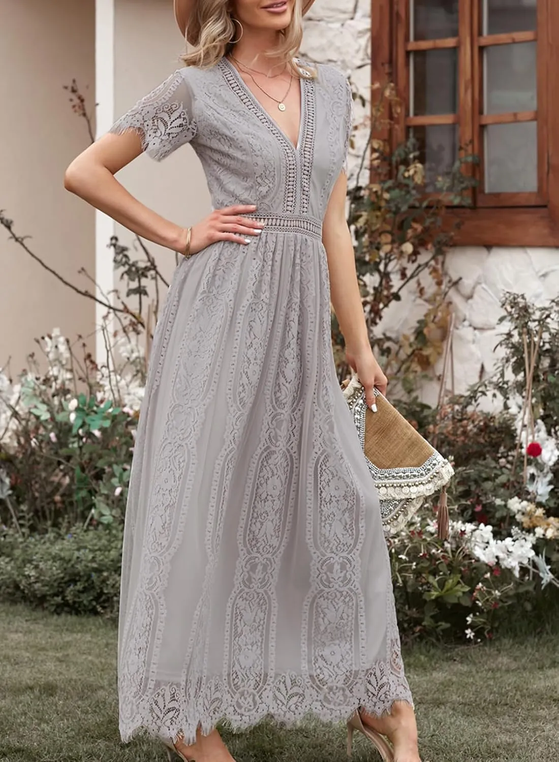 Melliflo Womens Lace Patchwork Hollowed Out Short Sleeved V Neck Long Skirt 2024 New Casual Summer Dress