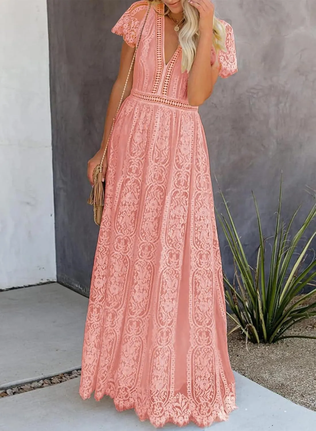 Melliflo Womens Lace Patchwork Hollowed Out Short Sleeved V Neck Long Skirt 2024 New Casual Summer Dress